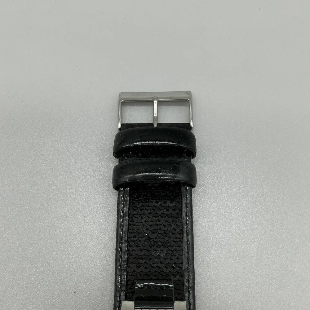 Guess Womens Watch 20mm Silver Tone Black Leather Gem Logo Cuff New Battery